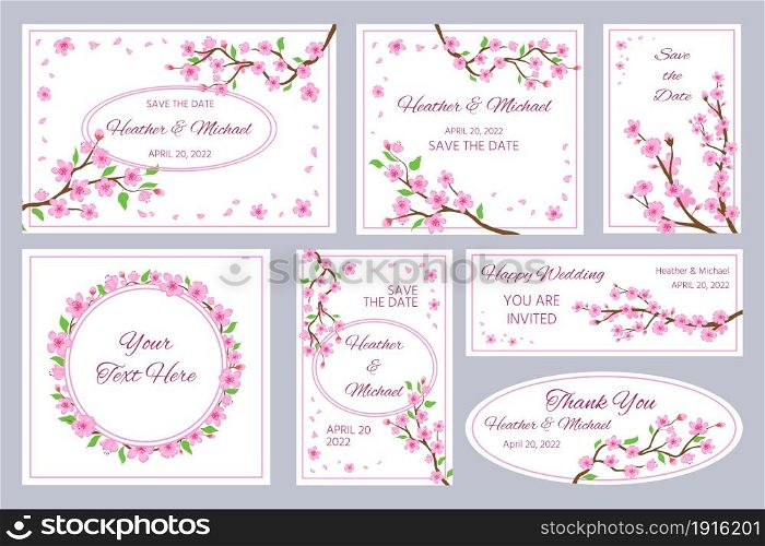 Wedding invitations and greeting cards with sakura blossom flowers. Japan cherry tree branches and pink petals frames and borders vector set. Romantic japanese elements for marriage. Wedding invitations and greeting cards with sakura blossom flowers. Japan cherry tree branches and pink petals frames and borders vector set