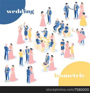 Wedding isometric icons recolor set of bride and groom in festive clothes with guests and friends on wedding ceremony isolated vector illustration