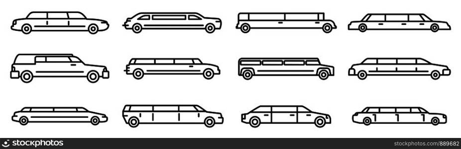 Wedding limousine icons set. Outline set of wedding limousine vector icons for web design isolated on white background. Wedding limousine icons set, outline style