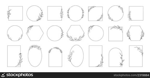 Wedding logo. Minimalistic geometric floral empty frames. Calligraphic round or square shapes with plant branches and flowers. Elegant herbs or blossoms. Vector isolated botanical outline borders set. Wedding logo. Minimalistic geometric floral empty frames. Calligraphic round or square shapes with branches and flowers. Elegant herbs or blossoms. Vector botanical outline borders set