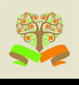 wedding logo with an orange tree in the form of hearts and ribbons