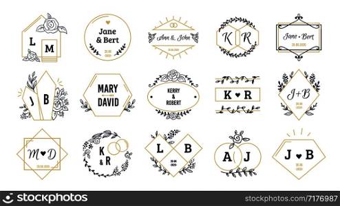 Wedding logos. Bohemian monograms for event invitation and wedding greeting cards with hand drawn elements. Vector set minimalist image name couple people. Wedding logos. Bohemian monograms for event invitation and wedding greeting cards with hand drawn elements. Vector set