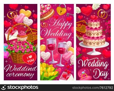 Wedding, marriage vector rings, festive cake and basket with flowers, hearts, gift box and engagement ring, wineglasses, padlock with key and photo album. Wedding and marriage ceremony cartoon banners. Wedding, marriage ceremony vector cartoon banners