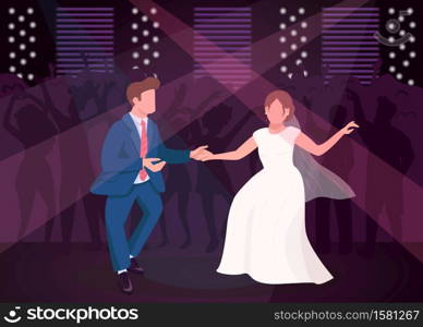 Wedding night party flat color vector illustration. Newlyweds dance in nightclub. Dancefloor for celebratory entertainment. Bride and groom 2D cartoon characters with crowd on background. Wedding night party flat color vector illustration