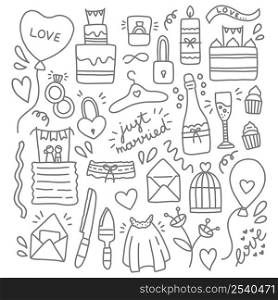 Wedding objects doodle black and white vector illustration