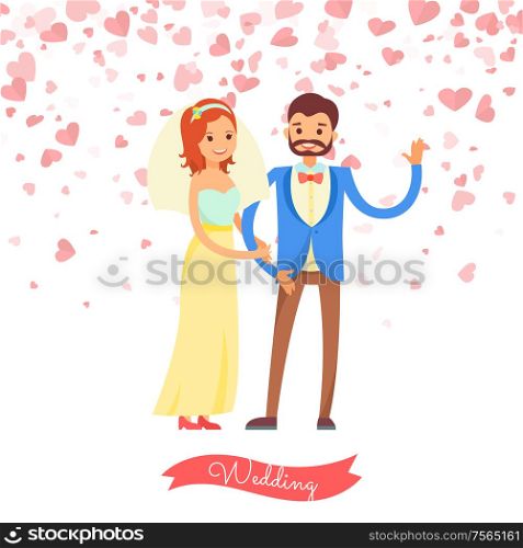 Wedding of man and woman, married day. Smiling bride wearing veil and dress hugging groom in suit waving hand. Postcard decorated by hearts vector. Wedding of Groom and Bride, Married Day Vector