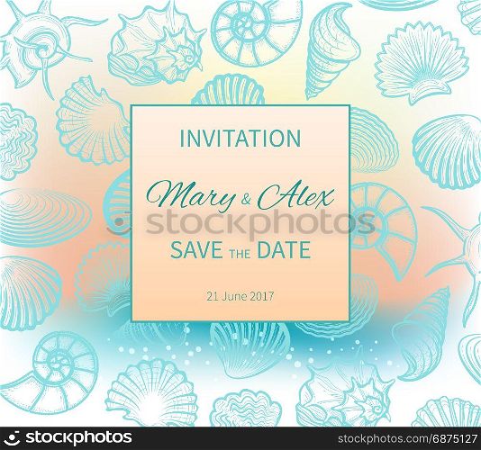 Wedding on beach invitation design. Wedding on the beach. The invitation design. Greeting card with sea shells. Vector illustration