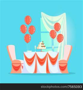 Wedding or banquet table with cream cake and champagne vector. Balloons and festive tablecloth, plates and glassware, window with curtain, furniture. Wedding or Banquet Table with Cake and Champagne