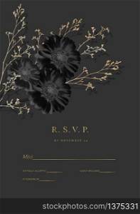 Wedding or greeting card with dark flowers and gold plant branch. Gerbera isolated mesh. Beautiful black flowers. 3d illustration. Vector illustration