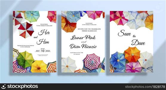 Wedding paintings umbrella set invitation card with watercolor seascape, Happy travelling with colorful umbrella in summer season, Watercolor painting summer wedding set template on white background.