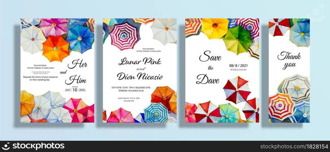 Wedding paintings umbrella set invitation card with watercolor seascape, Watercolor painting summer invitation card set template on white background, Happy wedding colorful umbrella in summer season.