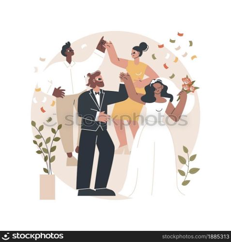 Wedding party abstract concept vector illustration. Wedding planning service, marriage party idea, bride and bridesmaid dress, venue decoration, bouquet design, menu and bar abstract metaphor.. Wedding party abstract concept vector illustration.