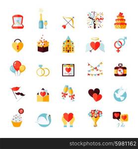 Wedding party flat icons set with balloons cake ring isolated vector illustration. Wedding Icons Set