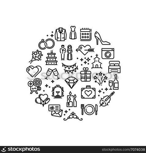 Wedding party fun outline vector icons. Marriage celebration, wedding badge round with collection of line icons illustration. Wedding party fun outline vector icons
