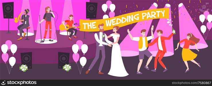 Wedding party in restaurant horizontal banner with musicians on stage and dancing newlyweds and guests vector illustration