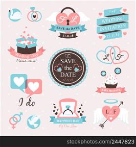 Wedding party invitation labels and emblem set isolated vector illustration. Wedding Emblem Set