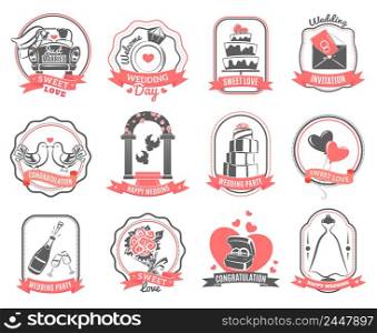 Wedding party love symbols emblems set with engagement rings hearts and roses outline abstract isolated vector illustration. Wedding marriage engagement emblems outline set