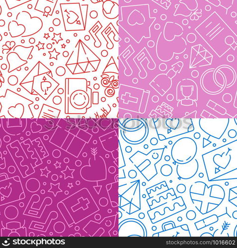 Wedding patterns. Hearts gifts bows ribbons happy bride cake items love couples of wedding party vector scrapbook seamless background. Illustration of marriage patterns collection. Wedding patterns. Hearts gifts bows ribbons happy bride cake items love couples of wedding party vector scrapbook seamless background