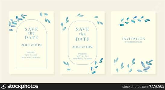 Wedding pemplates with blue watercolor leaves. Vector EPS10. Wedding pemplates with blue watercolor leaves