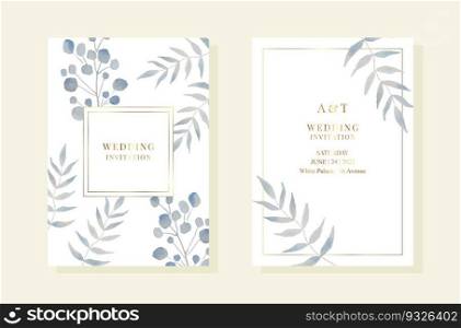 Wedding pemplates with light blue watercolor branches and leaves. Gold frames. Vector EPS10. Wedding pemplates with light blue watercolor branches and leaves. Gold frames