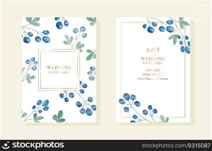 Wedding pemplates with watercolor blueberries and leaves. Gold frames. Vector EPS10. Wedding pemplates with watercolor blueberries and leaves. Gold frames