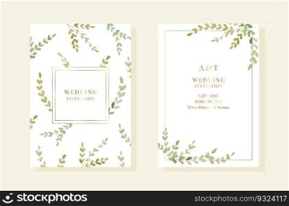 Wedding pemplates with watercolor green leaves. Gold frames. Vector EPS10. Wedding pemplates with watercolor green leaves. Gold frames