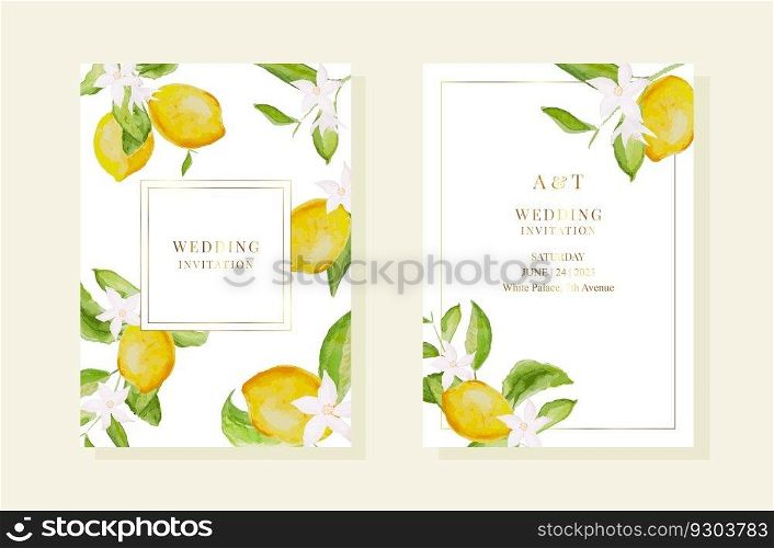 Wedding pemplates with watercolor lemon and leaves. Gold frames. Vector EPS10. Wedding pemplates with watercolor lemon and leaves. Gold frames