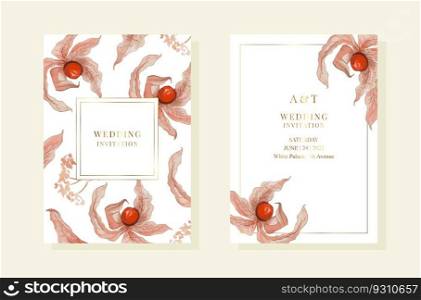 Wedding pemplates with watercolor physalis. Gold frames. Vector EPS10. Wedding pemplates with watercolor physalis. Gold frames