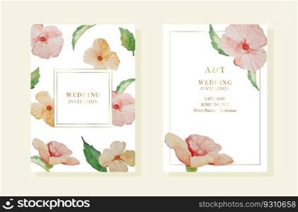 Wedding pemplates with watercolor violets and leaves. Gold frames. Vector EPS10. Wedding pemplates with watercolor violets and leaves. Gold frames
