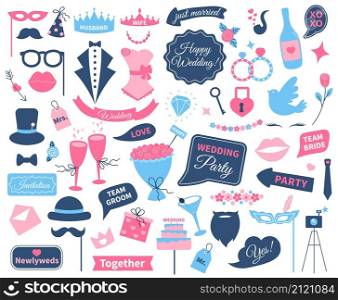 Wedding photo booth props, party accessories for weddings. Just married speech bubble, groom and bride decorations for parties vector set. Glasses with champagne, diamond rings and glasses. Wedding photo booth props, party accessories for weddings. Just married speech bubble, groom and bride decorations for parties vector set
