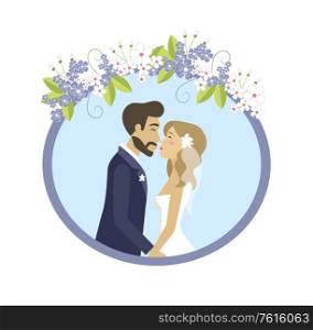 Wedding photo of man and woman in round frame decorated by purple and white flowers. Vector groom and bride characters, romantic postcard with couple. Wedding Photo of Man and Woman in Round frame