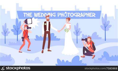 Wedding photo session flat composition with bride and groom outdoors and two photographers using professional equipment vector illustration