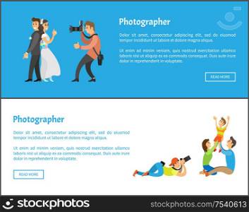 Wedding photographer and family photosession web banners. Photo of bride next to groom, mother with father holding child vector illustrations set.. Wedding Photographer and Family Photosession Banner