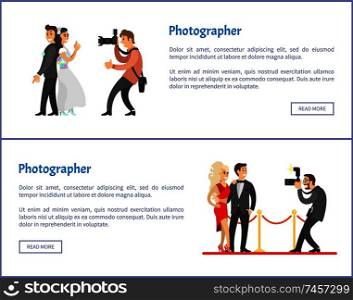 Wedding photographer and paparazzi web banners set. Bride next to groom, celebrities couple, flashlight with zoom for camera vector illustrations.. Wedding Photographer and Paparazzi Web Banners Set