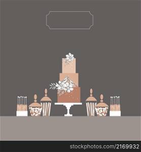 Wedding pink candy bar with cake. Dessert table. Vector illustration.. Dessert bar with cake. Vector illustration.