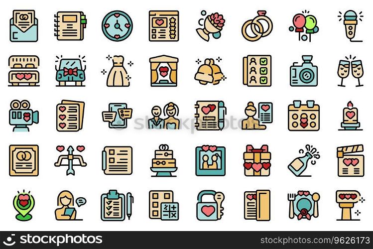 Wedding planner icons set outline vector. Woman girl. Event guy thin line color flat on white isolated. Wedding planner icons set vector line color
