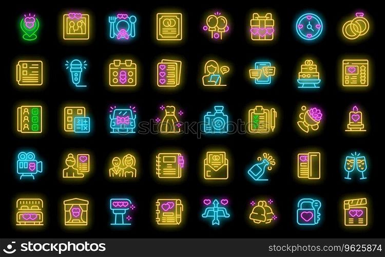 Wedding planner icons set outline vector. Woman girl. Event guy neon color on black. Wedding planner icons set vector neon