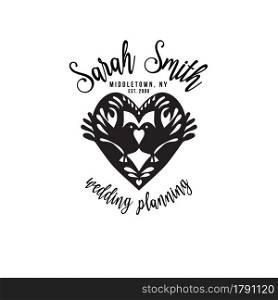 Wedding planner Premade Logo. Black and white colors. Isolated background. Hand-drawn Stamp silhouette. Lovely birds. Love heart symbol. Wedding salon. Vector illustrations. Wedding planner Premade Logo. Black and white colors. Isolated background. Hand-drawn Stamp silhouette. Lovely birds. Love heart symbol. Wedding salon. Vector