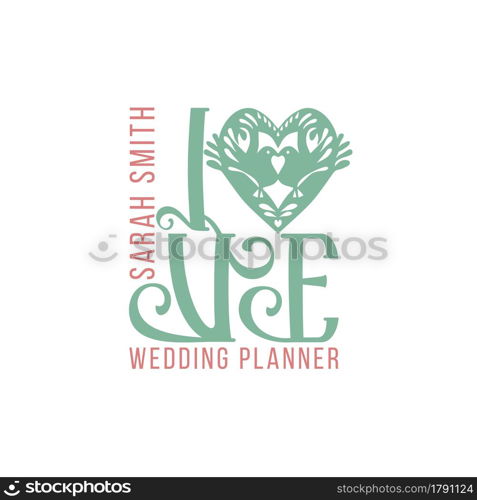 Wedding planner Premade Logo. Black and white colors. Isolated background. Hand-drawn Stamp silhouette. Lovely birds. Love heart symbol. Wedding salon. Vector illustrations. Wedding planner Premade Logo. Black and white colors. Isolated background. Hand-drawn Stamp silhouette. Lovely birds. Love heart symbol. Wedding salon. Vector