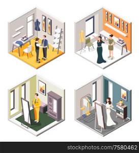 Wedding planning 2x2 design concept set of isometric interiors of tailor shop with future newlyweds trying on wedding costumes and dresses vector illustration