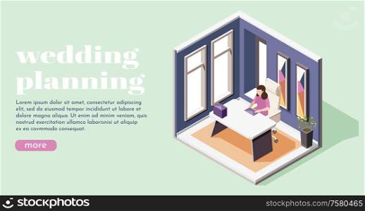 Wedding planning isometric background with future bride signing envelopes with invitations to wedding ceremony vector illustration