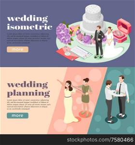 Wedding planning isometric banners illustrated measuring bride and groom figures envelopes with invitations rings and tiered cake vector illustration