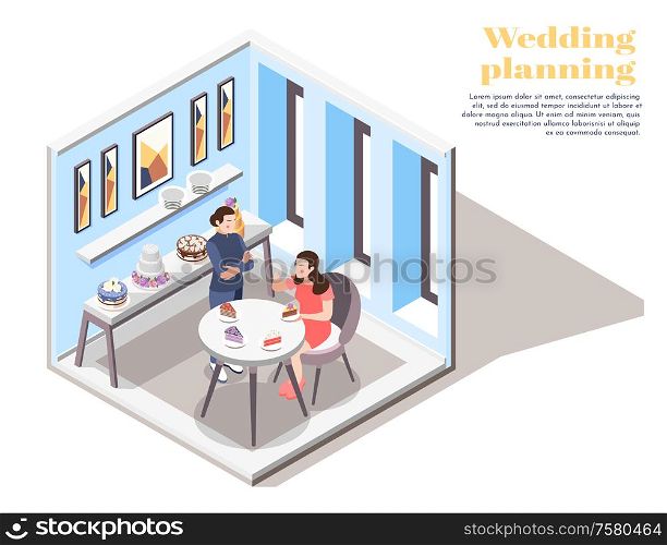 Wedding planning isometric composition with young woman tasting different cakes for wedding menu in sweet shop vector illustration