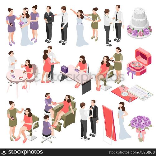 Wedding planning isometric icons set of bride and groom fitting their clothes with tailor doing makeup and hairstyle isometric vector illustration