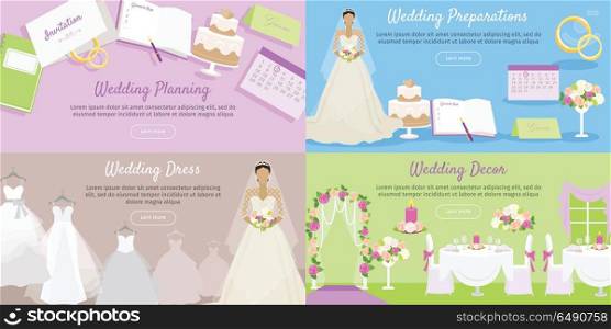 Wedding Planning Preparation, Decor Dress Banner.. Wedding planning, wedding preparation, decor dress web banner. Event decoration holiday and plan tradition and fashionable, white clothes, clothing fashion, celebration invitation. Vector illustration