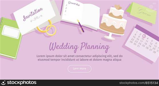 Wedding Planning Web Banner. Preparations. Vector. Wedding planning web banner. Preparation for the wedding day. Getting ready to the marriage ceremony. Planning everything ahead. Choosing the date, place, decoration, restaurant menu. Vector