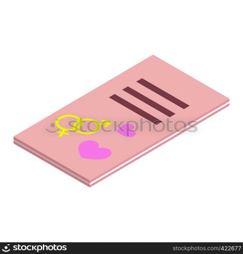 Wedding postcard isometric 3d icon. With hearts and rings. On a white background. Wedding postcard isometric 3d icon