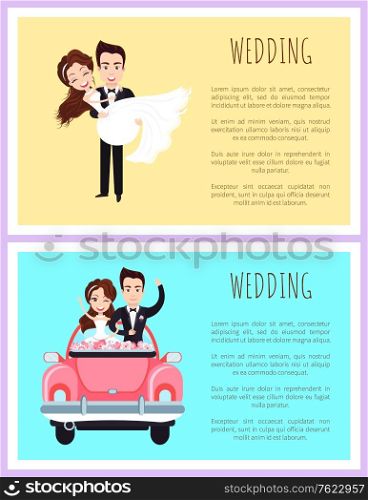 Wedding postcard or invitation, happy newlywed standing in holiday car with flowers, groom holding bride, woman in white dress and man in suit vector. Groom and Bride, Wedding Invitation, Love Vector