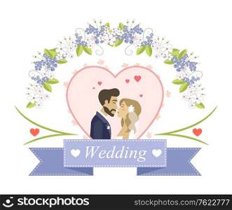 Wedding postcard or invitation of kissing man and woman, side view of groom and bride in heart shape with flowers, newlyweds characters, married vector. Newlyweds Characters, Wedding Holiday Card Vector