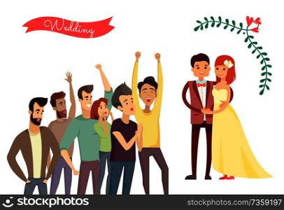 Wedding poster crowd banner with headline, people looking at bride and groom, cute ceremony vector illustration isolated on white background, just married. Wedding Poster and Crowd, Vector Illustration